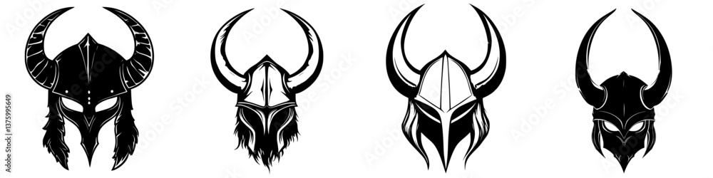 Poster collection of detailed warrior helmet designs showcasing horned attributes with intricate patterns