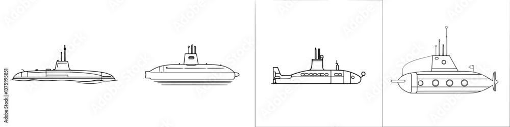 Poster collection of detailed submarine sketches showcasing various types and designs in a simple style