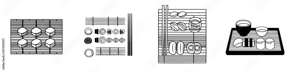 Aufkleber artistic representation of various sushi types arranged on bamboo mats in a minimalist style