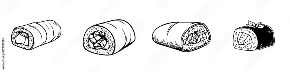 Poster different styles of sushi rolls displayed with unique fillings and outer layers on a clean backgroun