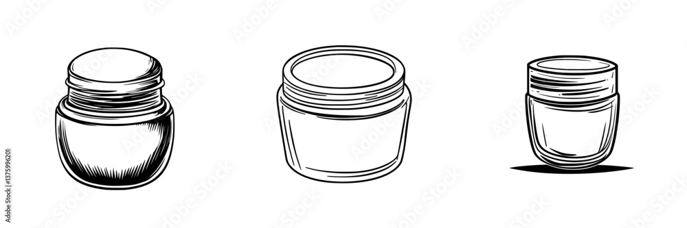 Poster different styles of cosmetic jars displayed in a minimalist layout showcasing various shapes and des