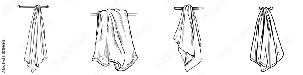 Poster various hanging towels in different shapes displayed on a simple rod in a clean environment