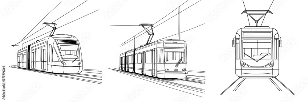 Poster different types of trams illustrated with simple lines in an urban transport setting