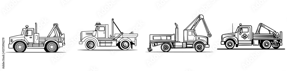 Poster various models of tow trucks displayed in a clean and simple design