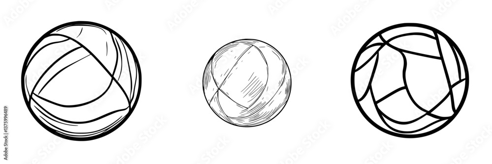 Poster diverse designs of spherical objects showcasing various patterns and textures in a minimalist style