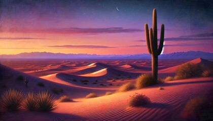 Desert landscape with cactuses and sand dunes at sunset