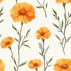 Vibrant Orange Flowers Pattern on Soft Cream Background
