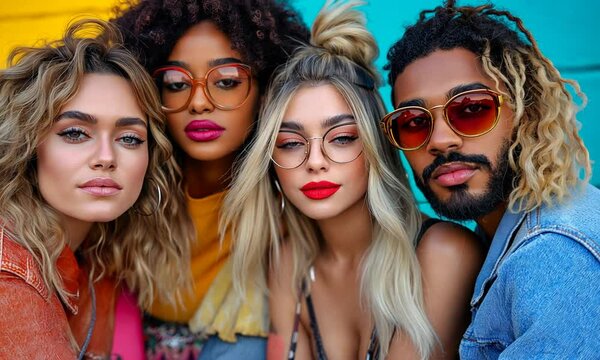 Group of diverse stylish young adults posing confidently in front of teal background. Concept of youth fashion and cultural pride - Powered by Adobe