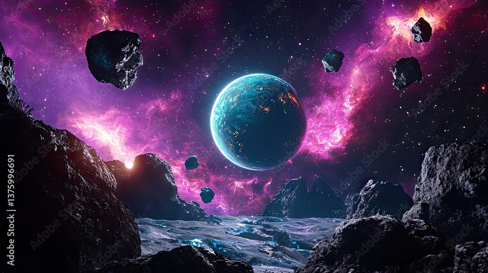 Poster futuristic space station orbiting a colorful alien planet with asteroid fields and glowing nebula