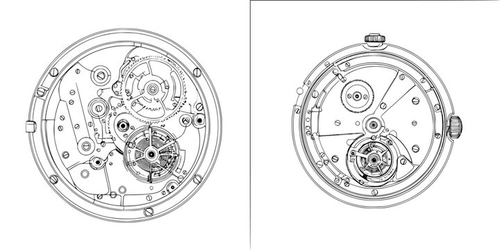 Detailed view of mechanical watch movement mechanisms showcasing intricate design and craftsmanship from different angles