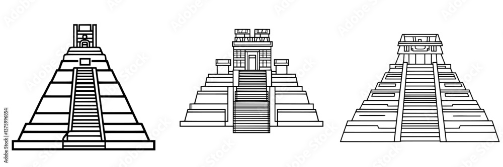 Poster detailed line drawings of three ancient pyramids showcasing distinct architectural features and desi