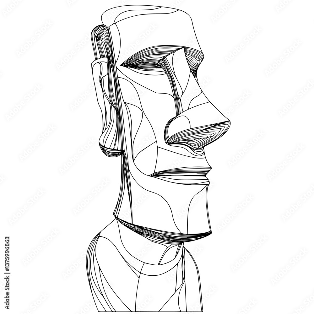Poster moai sculpture design showing intricate line work and unique abstract features in a minimalist style