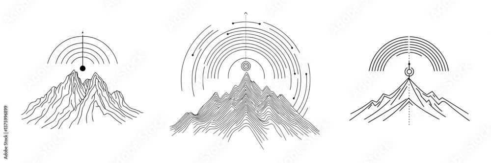 Poster mountain landscape design featuring abstract patterns and sun motifs in a minimalistic style