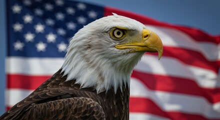 majestic bald eagle with waving american flag in the background