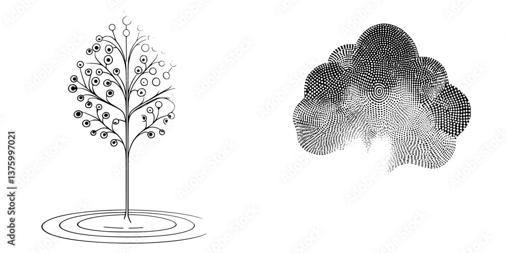 Poster creative illustration of a tree and cloud design featuring intricate patterns and shapes, made with 