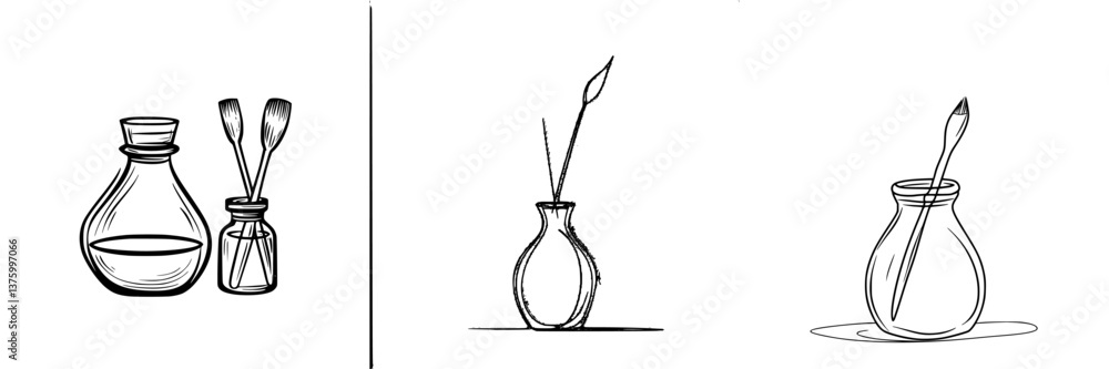 Aufkleber art supplies and vases are arranged in a minimalist style showcasing creativity and design in a calm