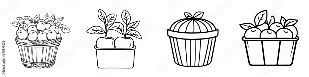 Poster baskets filled with apples showcase various designs and styles in a simple and clean illustration