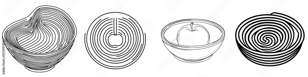 Poster artistic depiction of various bowl designs created with a continuous line style showcasing unique pa