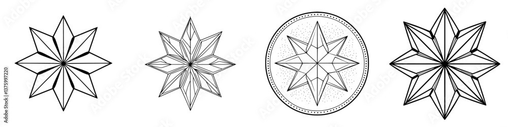 Poster intricate designs of geometric stars displayed in sequence, showcasing unique patterns and shapes