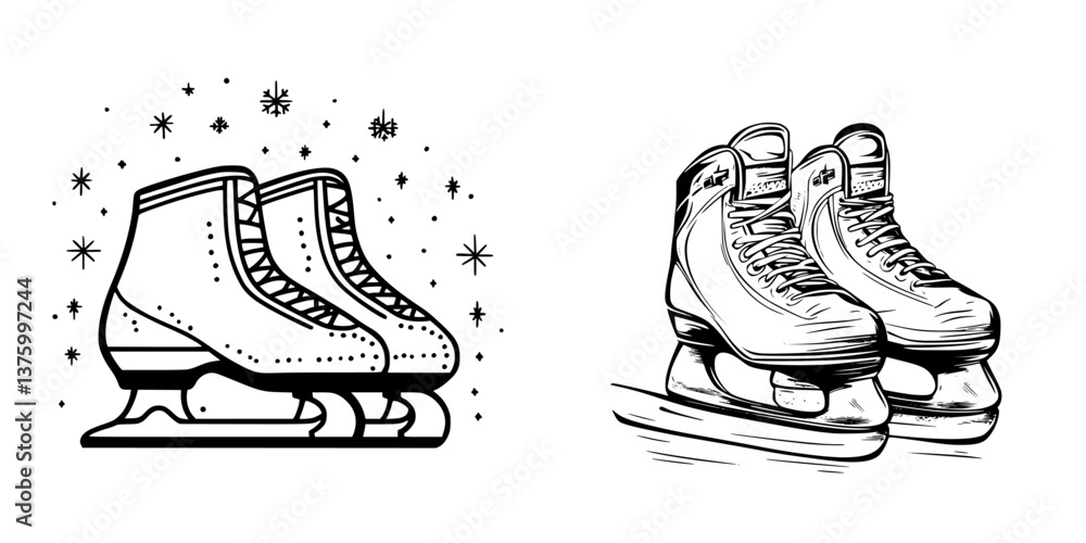 Poster ice skating shoes displayed on a white background with snowflake designs representing winter activit