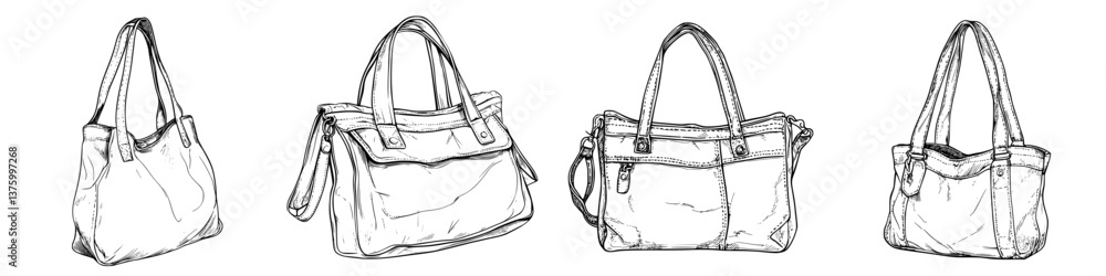 Poster different styles of handbags displayed in a collection showcasing various designs and functionalitie