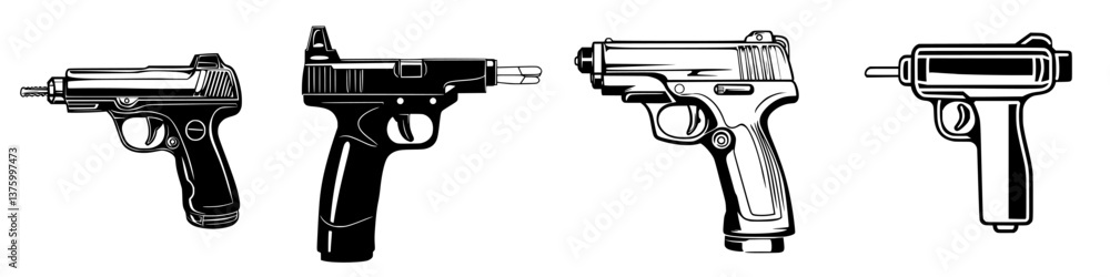 Aufkleber different types of handguns displayed on a plain background showing various designs and features