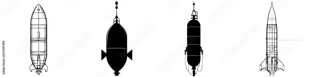 Poster various spacecraft designs showcasing their unique shapes and functionalities in a detailed, technic