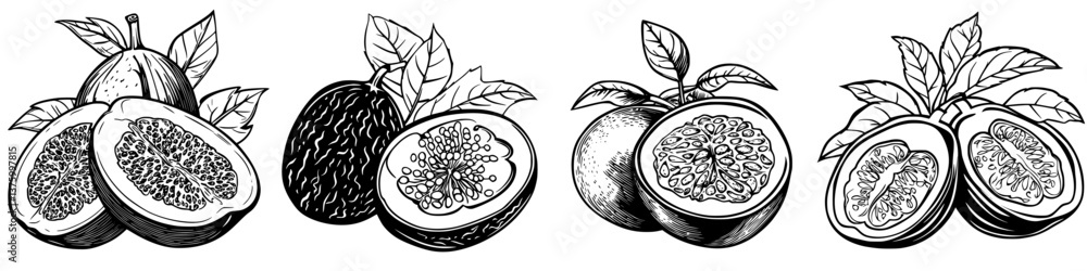 Poster passion fruits displayed with slices showing their unique textures and seeds on a white background c