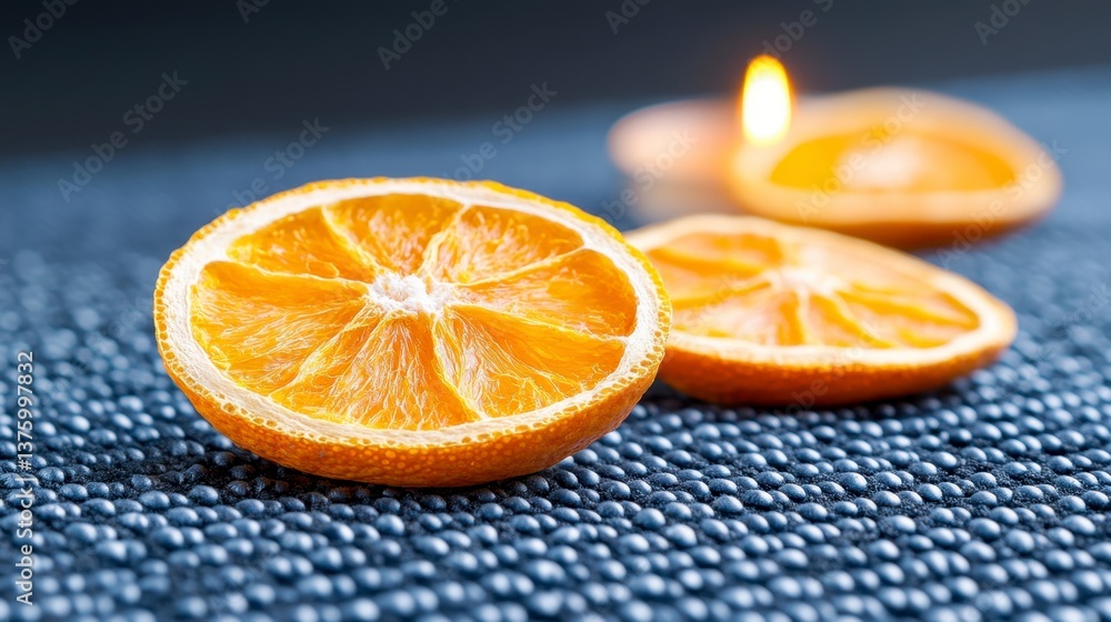 Poster dried orange slices on a dark textured surface with a candle in the background. close up view highli