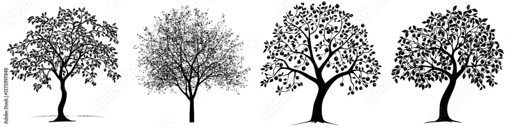 Poster various silhouettes of trees displaying different shapes and sizes in black and white design