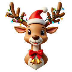 Naklejka premium Cartoon Reindeer with Lights & Santa Hat. Transparent background. Festive.