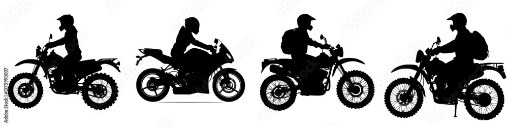 Poster different styles of motorcycles in various riding positions displayed on a monochrome background