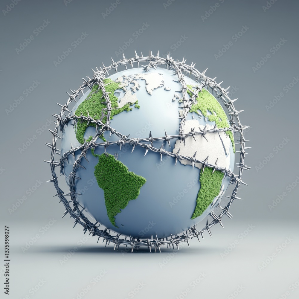 Poster 3d rendering of a planet earth model encircled by barbed wire, representing global issues and restri