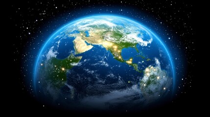 Obraz premium Detailed view of planet Earth from space, showcasing continents, oceans, and city lights at night. The image features a dark background with visible stars and a glowing atmosphere around the planet.