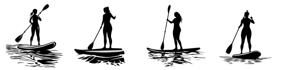 Silhouettes of women paddleboarding on water showcasing balance and enjoyment at sunset along a serene lake