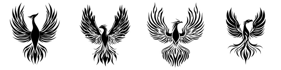 Stylish designs of phoenixes in black silhouette showcasing various postures and wings in creative forms