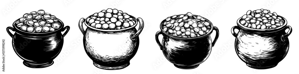 Poster various styles of decorative pots filled with round objects in a minimalistic design, showcasing tex