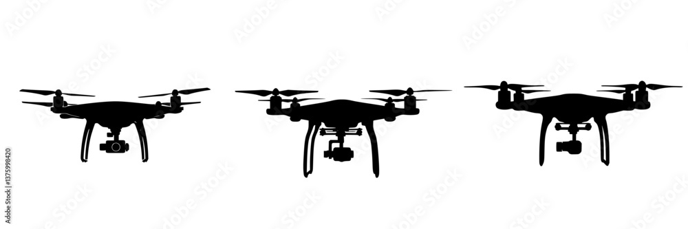 Poster different types of drones lined up against a white background showcasing their distinct designs and 
