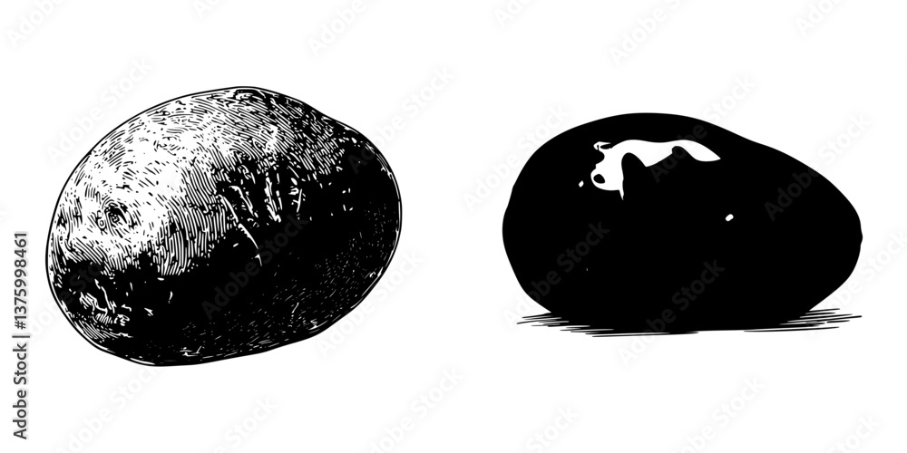 Poster unique artistic rendering of potatoes showcasing distinct shapes and textures in black and white ske