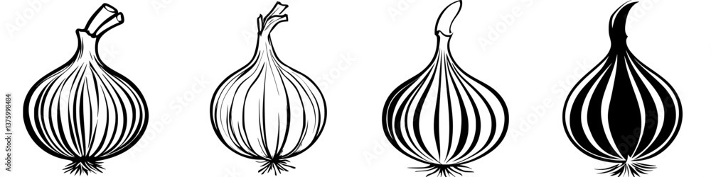 Poster detailed sketch of various onion types showcasing their unique shapes and textures in black and whit