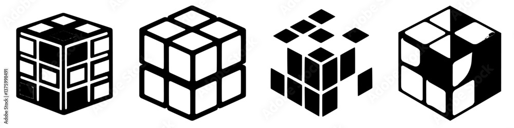 Poster four variations of modern cube designs showcasing geometric patterns and symmetry