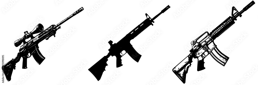 Poster collection of modern rifles displayed in a graphic format showcasing different designs and styles