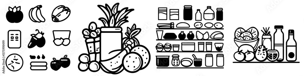 Poster colorful assortment of fruits and vegetables displayed next to jars and bottles on a shelf in a kitc