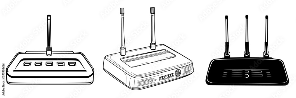 Poster three different models of wireless routers displayed side by side with distinct designs and features