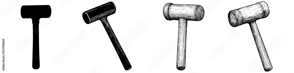Poster various types of wooden and rubber mallets displayed on a light background, showcasing their structu