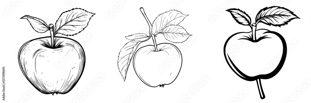Poster various artistic representations of apples showcasing different styles and outlines in a simple, mon