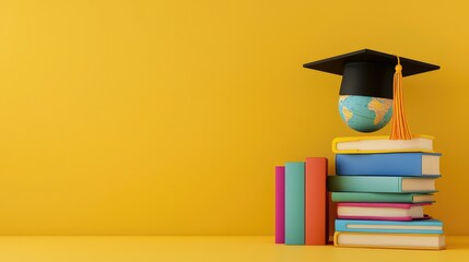 A creative education-themed banner with a stack of books, a graduation cap, and a globe on a yellow background.