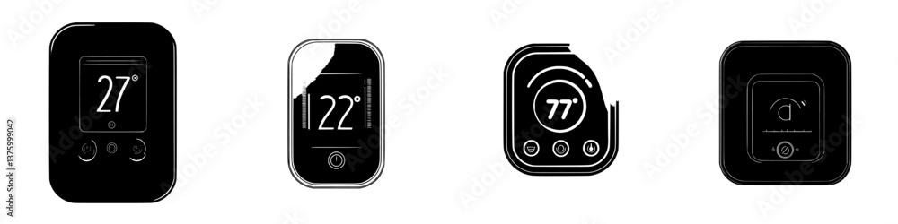 Poster digital thermostats displaying various temperatures and settings in a modern home environment