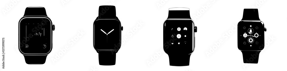 Poster different styles of smartwatches showcasing various displays and features in a modern design