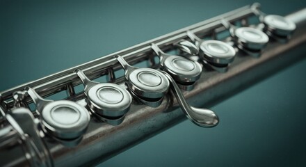 Obraz premium Close-up of a Flute with Keys on a Soft Blue Background